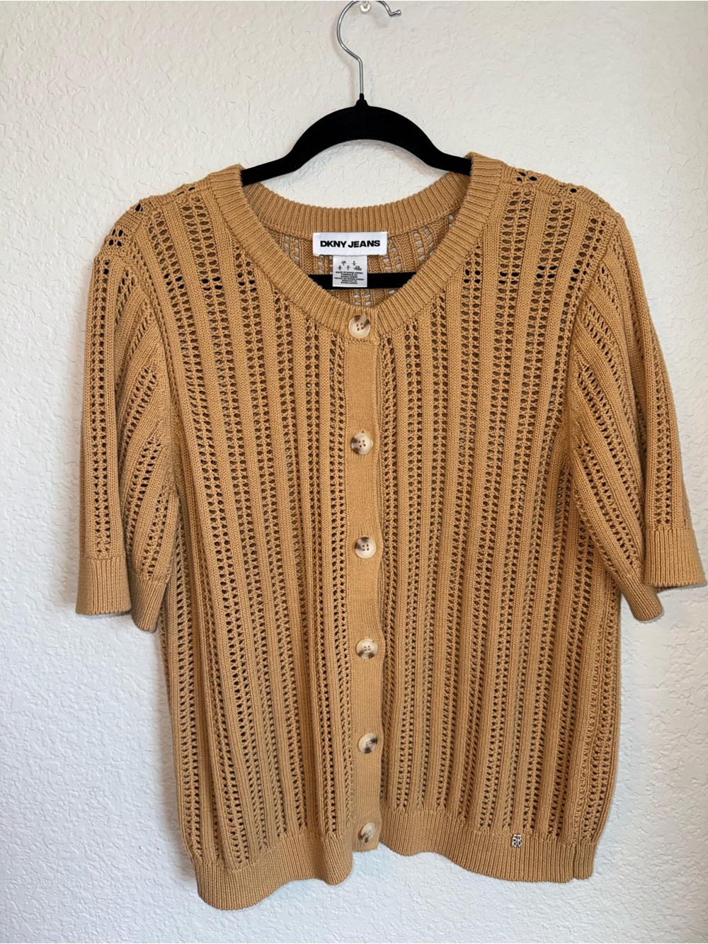 DKNY Openwork Short Sleeve Button Cardigan in Camel
